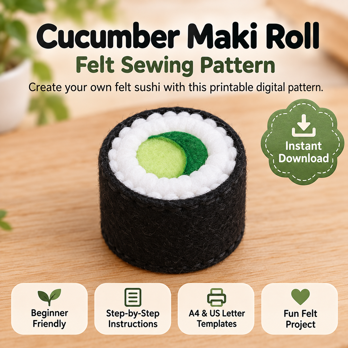 Felt Cucumber Maki Roll Sewing Pattern PDF finished felt sushi craft and printable pattern preview