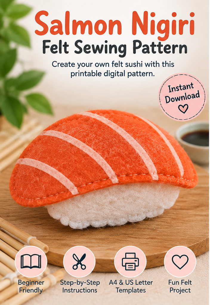 Felt Salmon Nigiri Sewing Pattern PDF finished felt sushi craft and printable pattern preview