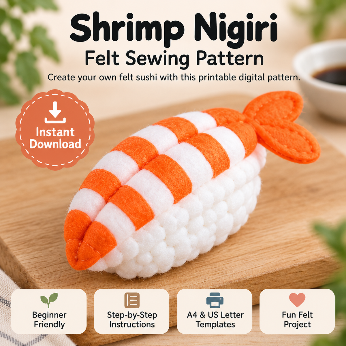 Felt Shrimp Nigiri Sewing Pattern PDF finished felt sushi craft and printable pattern preview