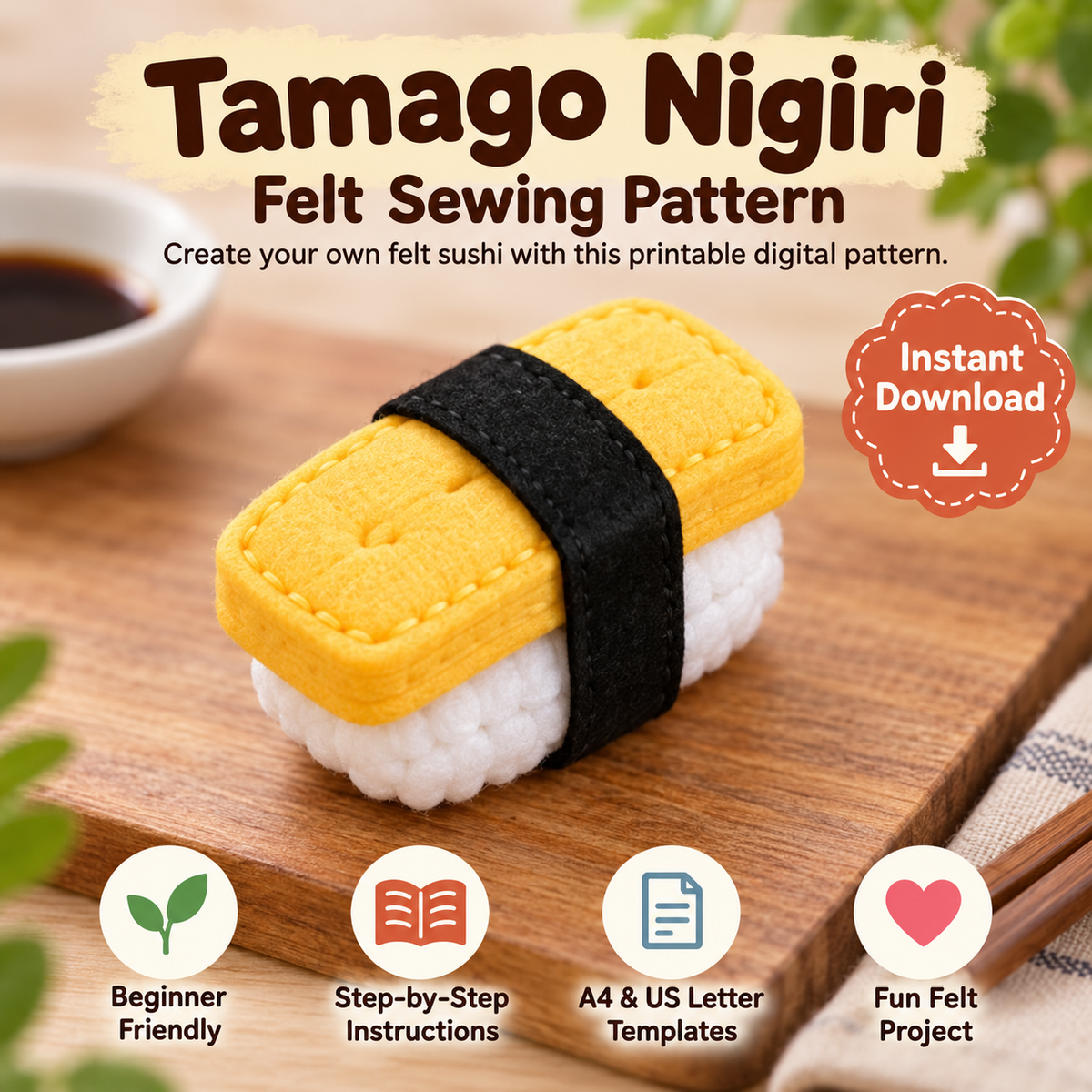 Felt Tamago Nigiri Sewing Pattern PDF finished felt sushi craft and printable pattern preview