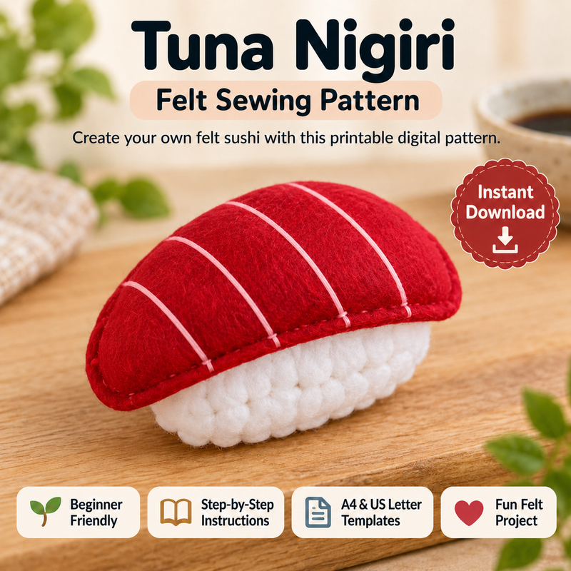 Felt Tuna Nigiri Sewing Pattern PDF finished felt sushi craft and printable pattern preview