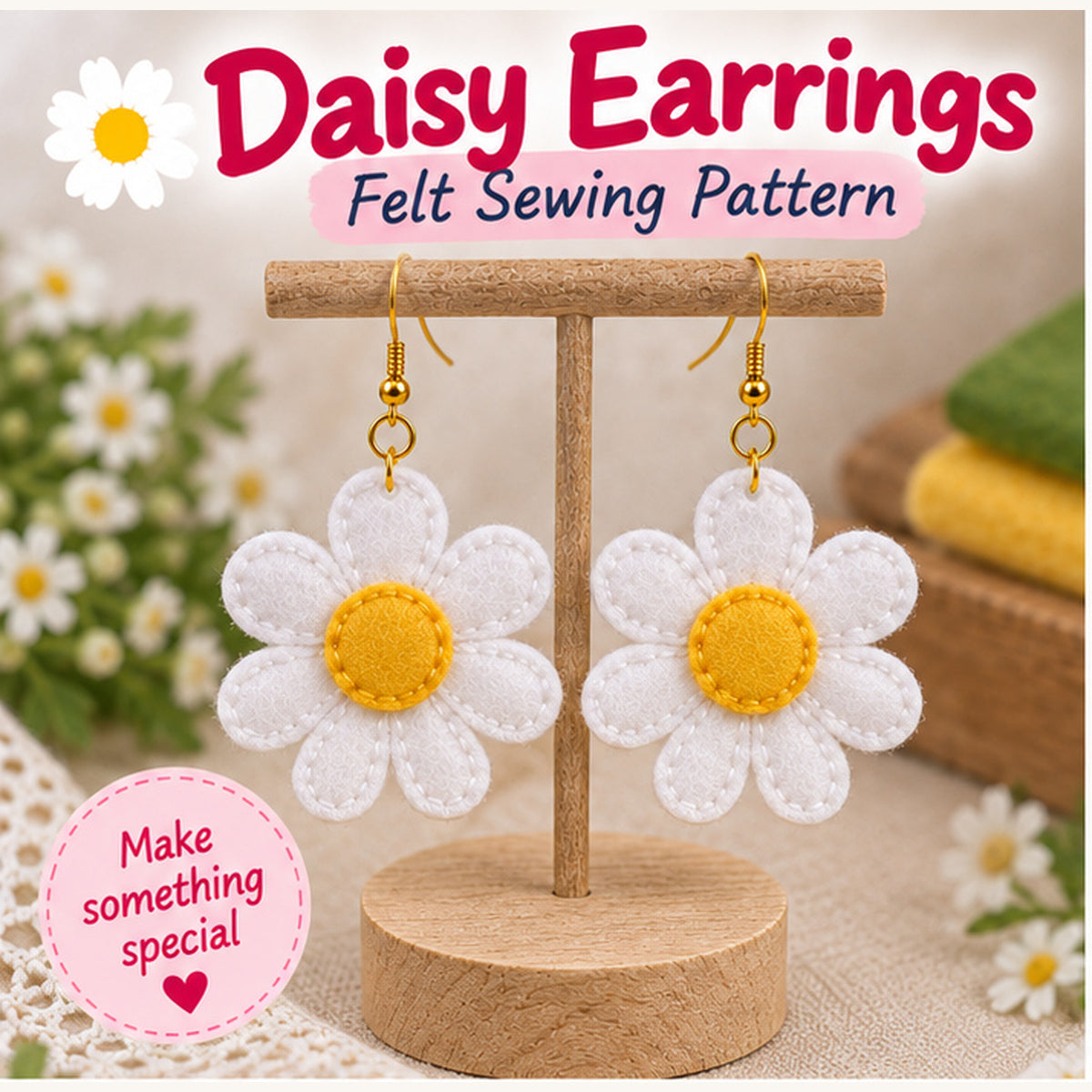 White and yellow felt daisy earrings sewing pattern displayed on a wooden earring stand