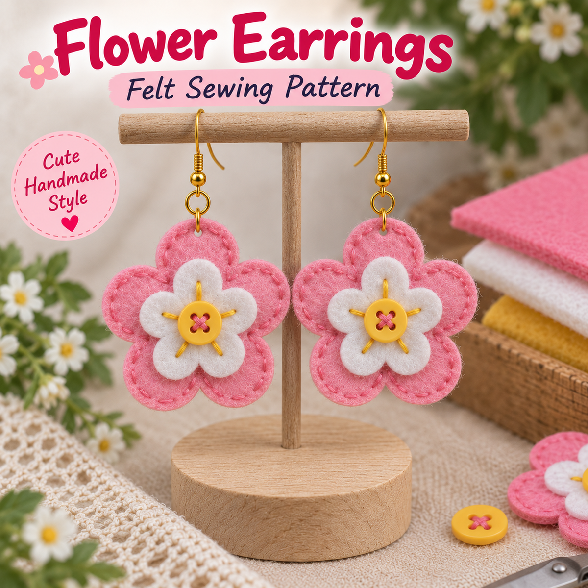Pink and white felt flower earrings sewing pattern with realistic matte felt texture and stitched edges
