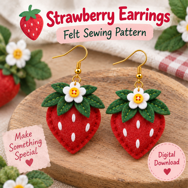 Felt strawberry earrings sewing pattern digital download with finished red strawberry felt earrings