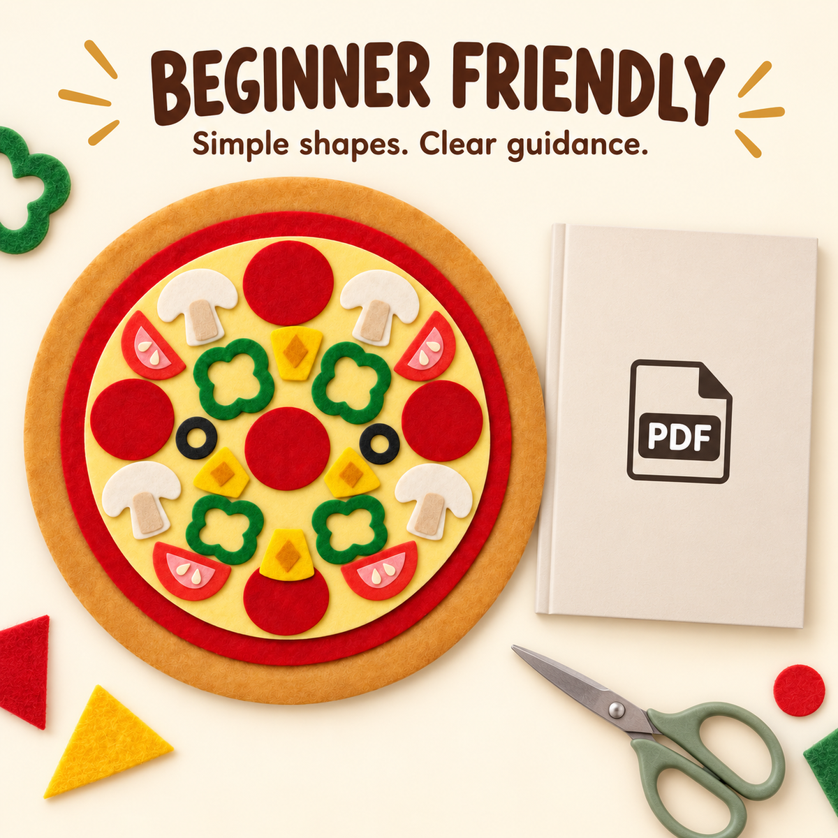 Felt Pizza Template PDF - 24cm Pretend Play Food Pattern - 02 beginner friendly