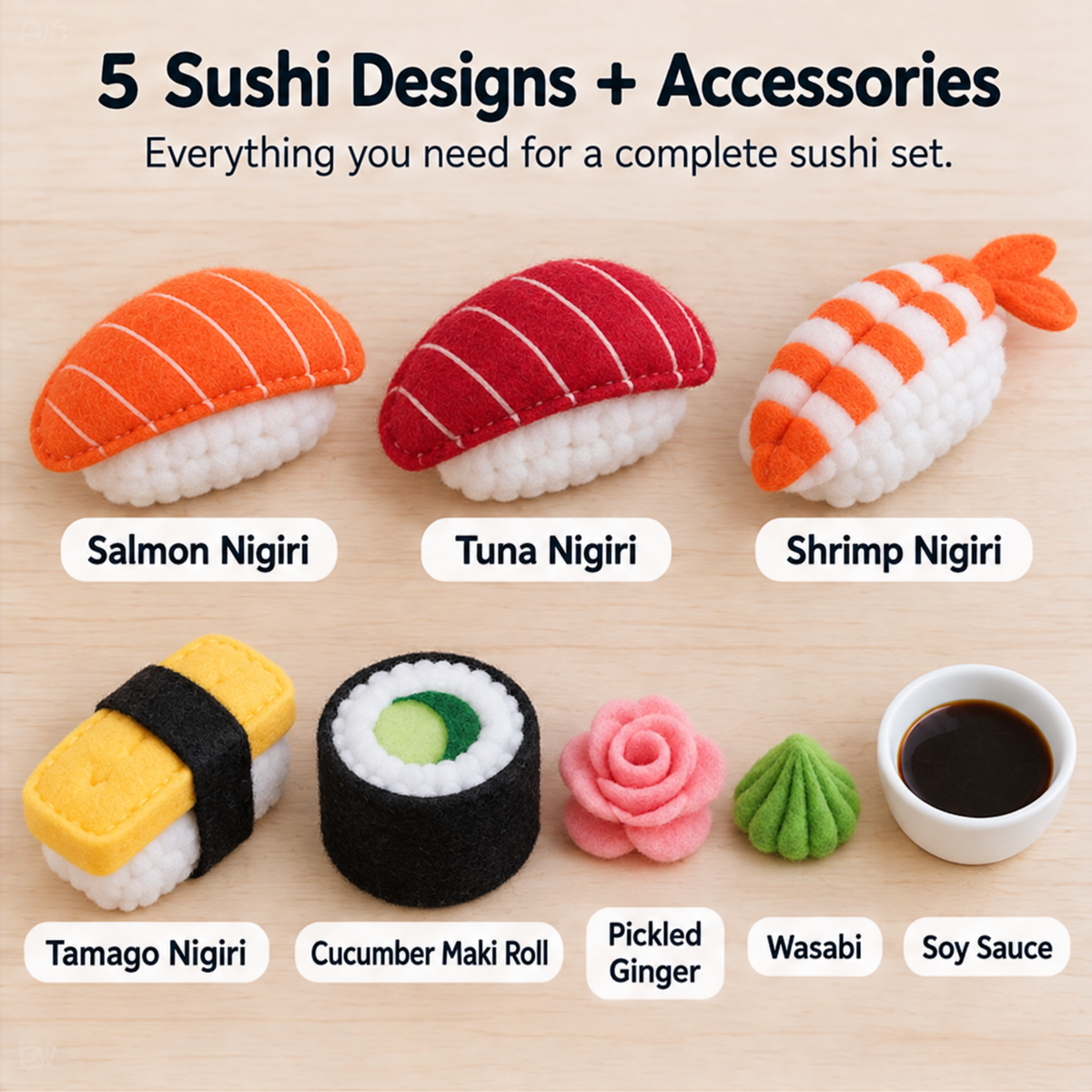 Felt Sushi Set Sewing Pattern Bundle PDF printable felt sushi sewing pattern product image