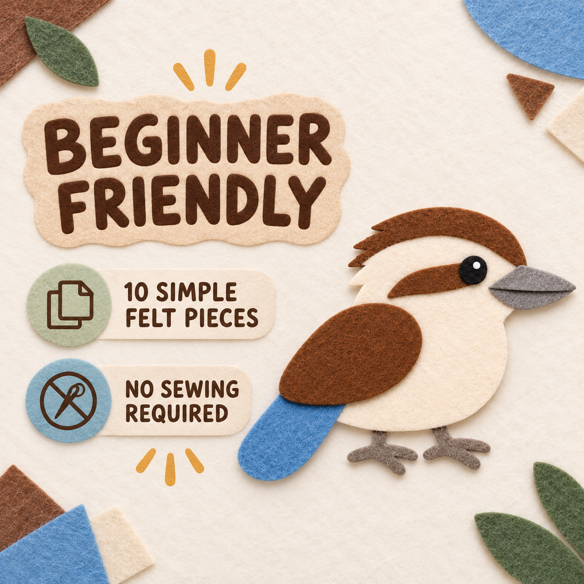 Kookaburra Felt Template PDF - 24cm Australian Bird Craft Pattern - 02 kookaburra template beginner friendly