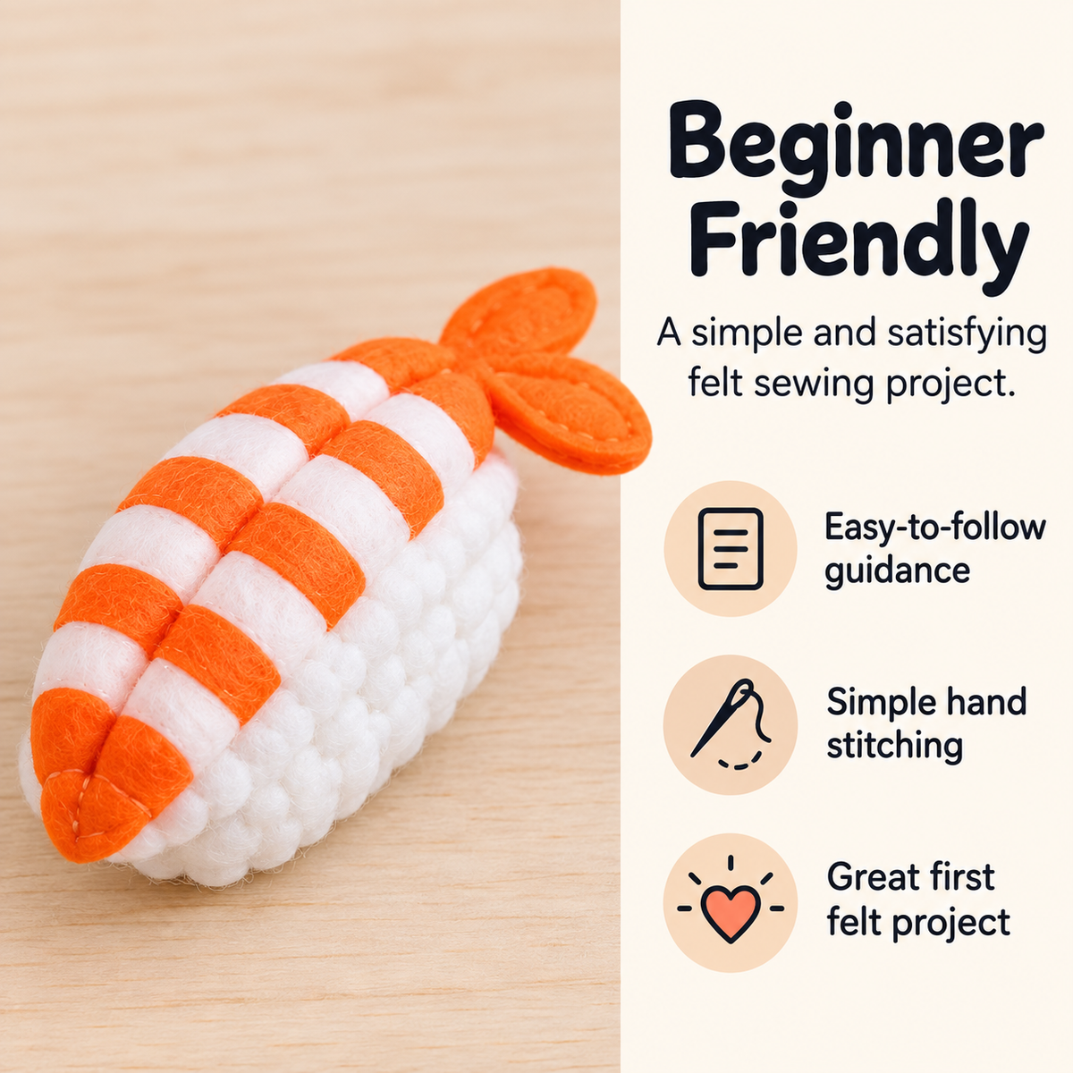 Felt Shrimp Nigiri Sewing Pattern PDF beginner-friendly digital felt craft pattern features