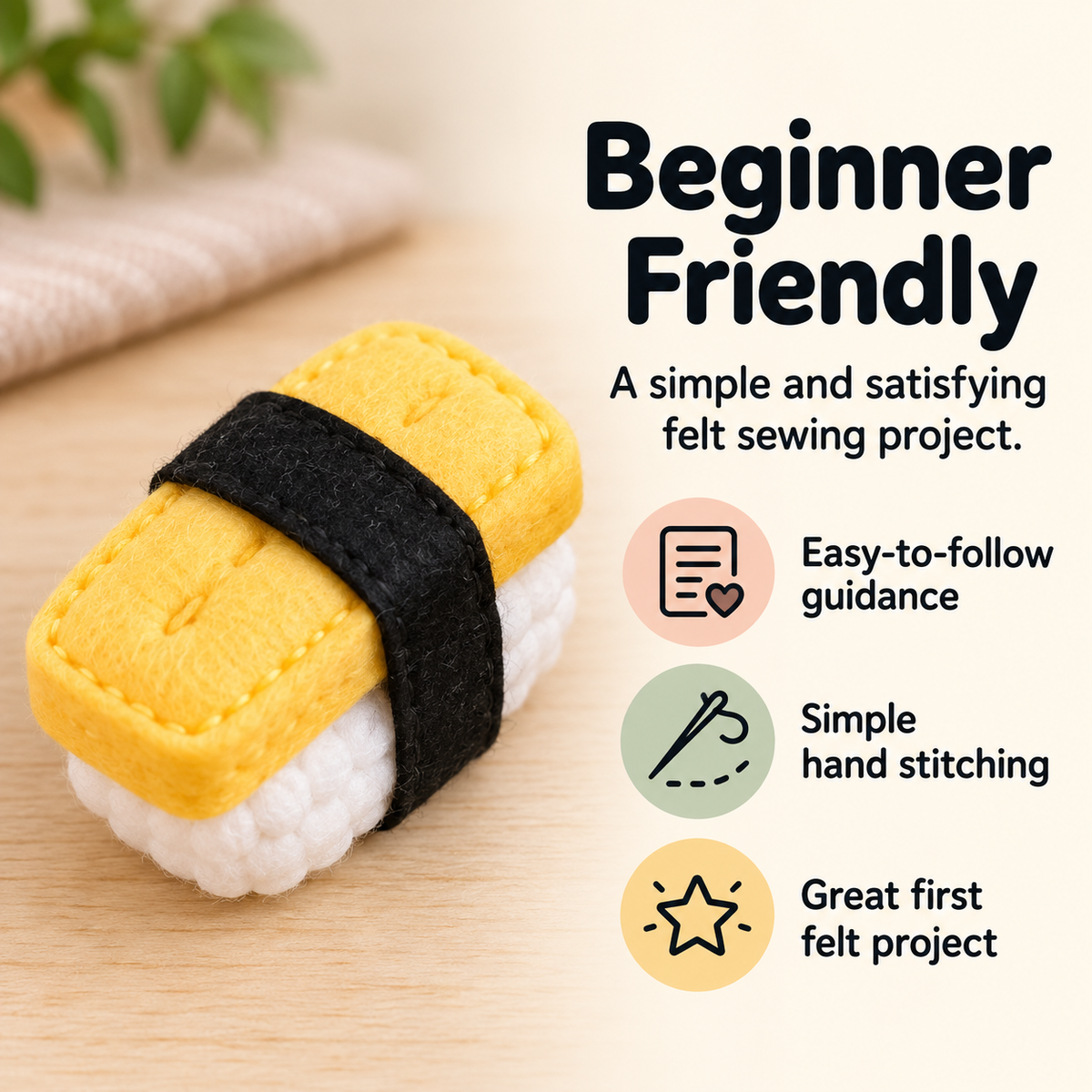 Felt Tamago Nigiri Sewing Pattern PDF beginner-friendly digital felt craft pattern features