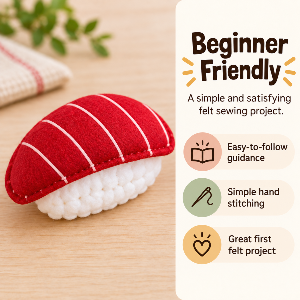 Felt Tuna Nigiri Sewing Pattern PDF beginner-friendly digital felt craft pattern features