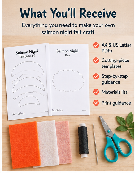 Felt Salmon Nigiri Sewing Pattern PDF printable PDF pattern contents and digital download files