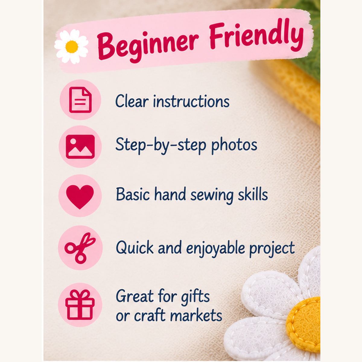 Beginner friendly felt daisy earrings pattern with clear instructions and simple hand sewing