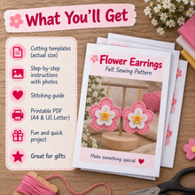 Flower earrings PDF sewing pattern showing printable templates step-by-step instructions and stitching guide