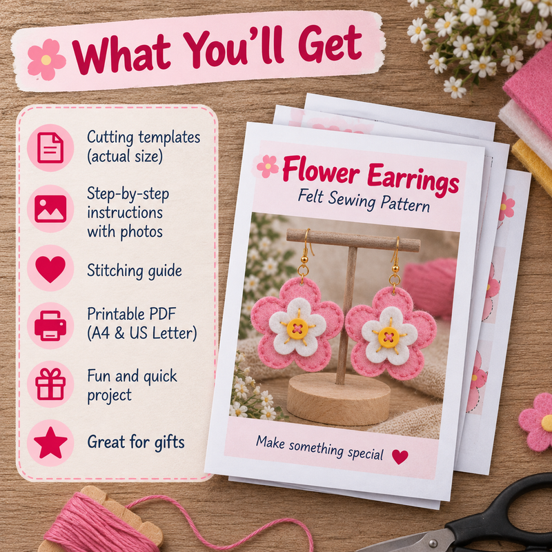 Flower earrings PDF sewing pattern showing printable templates step-by-step instructions and stitching guide