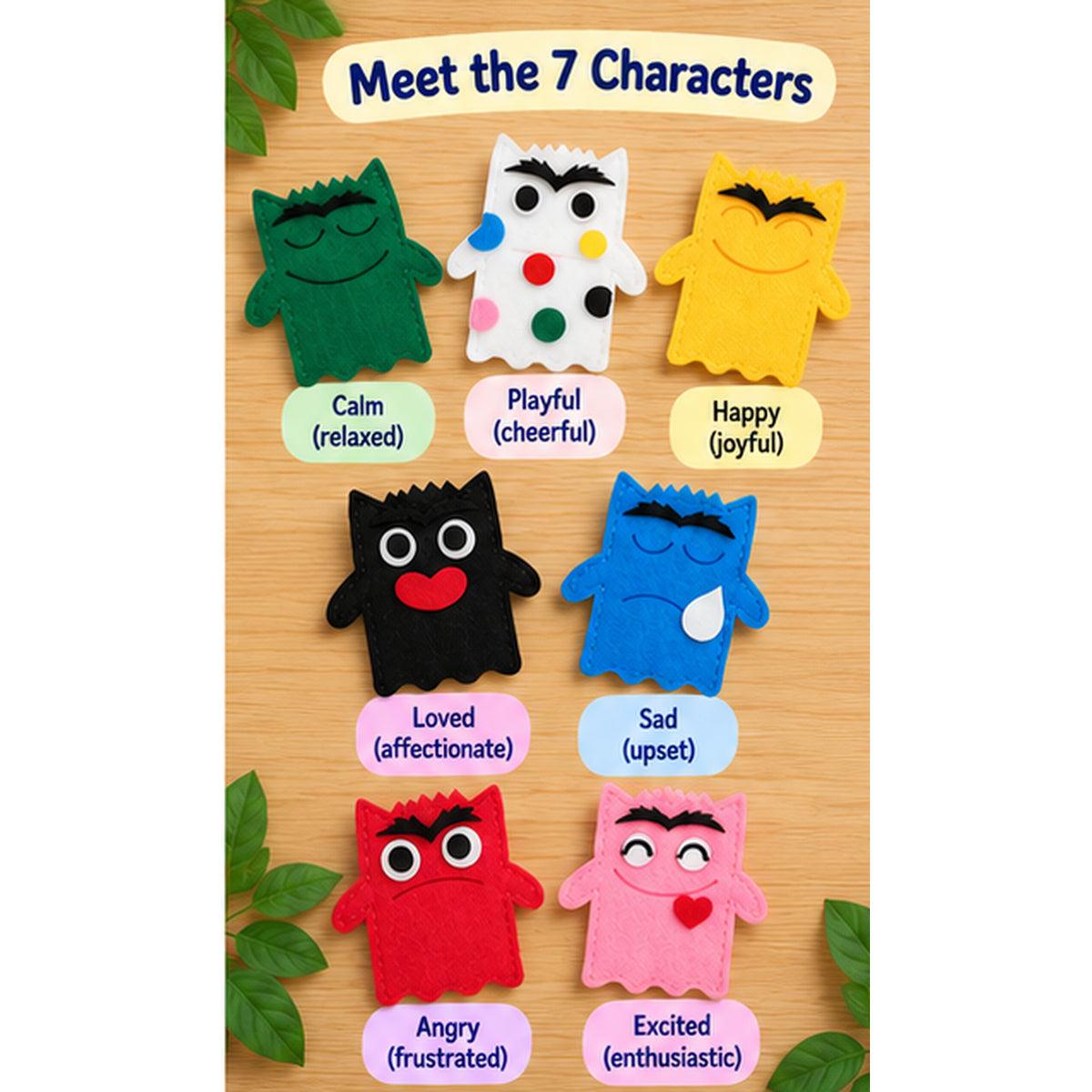 Handmade Felt Emotion Finger Puppets – Set of 7 Feelings Monsters