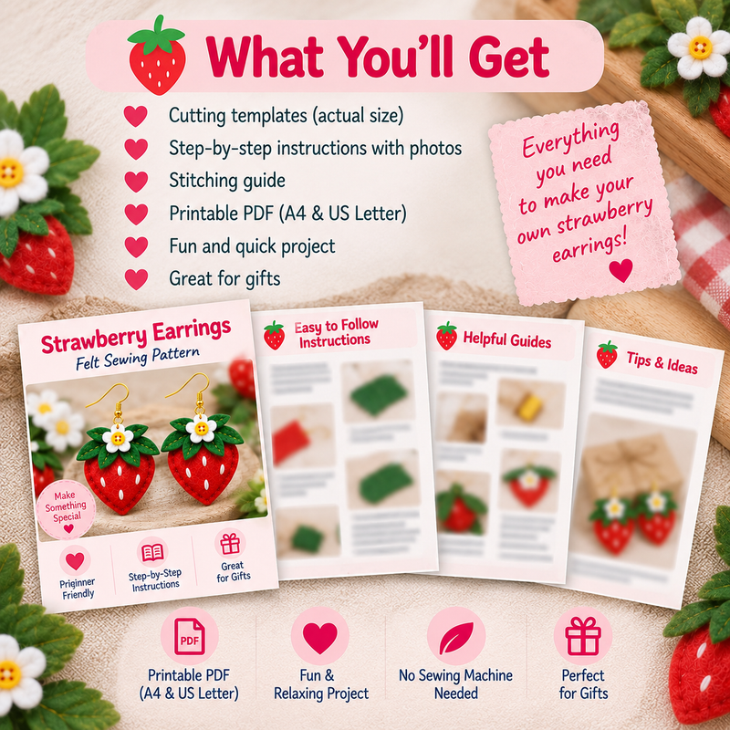 Strawberry earrings PDF sewing pattern contents with printable templates and instructions