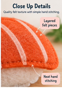 Felt Salmon Nigiri Sewing Pattern PDF close-up felt texture and stitching details