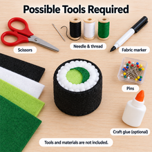 Felt Cucumber Maki Roll Sewing Pattern PDF recommended felt sewing tools and materials