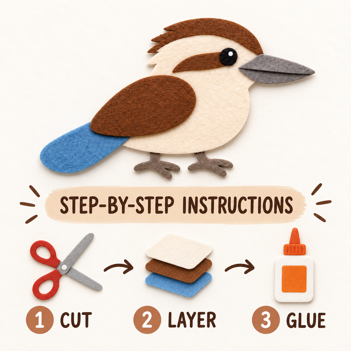 Kookaburra Felt Template PDF - 24cm Australian Bird Craft Pattern - 03 kookaburra template step by step