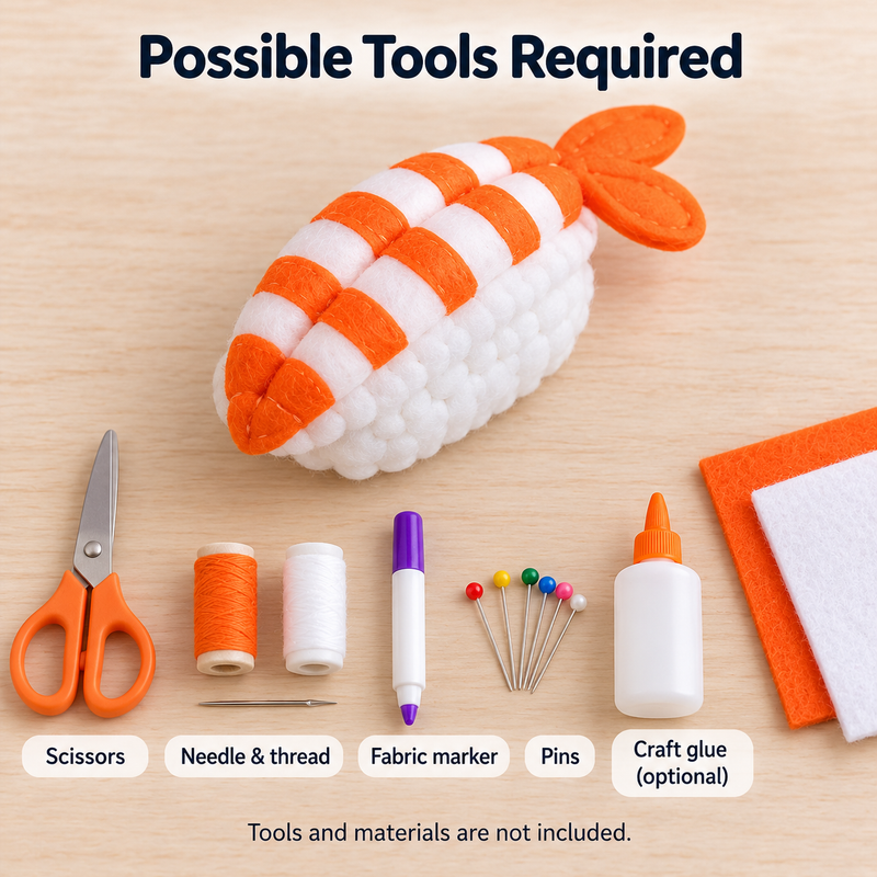 Felt Shrimp Nigiri Sewing Pattern PDF recommended felt sewing tools and materials