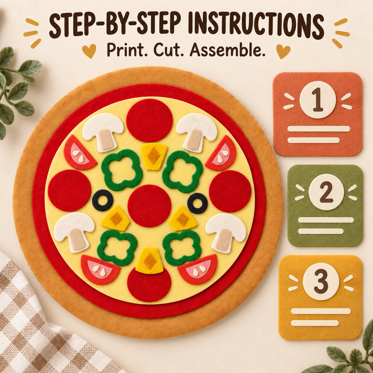 Felt Pizza Template PDF - 24cm Pretend Play Food Pattern - 03 step by step
