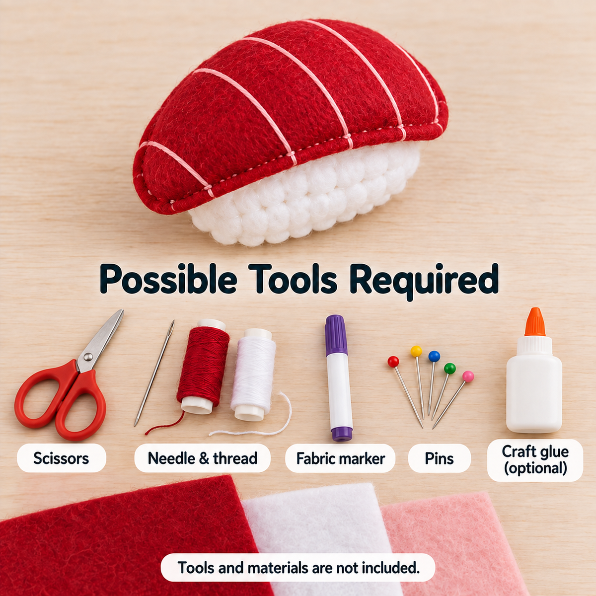 Felt Tuna Nigiri Sewing Pattern PDF recommended felt sewing tools and materials