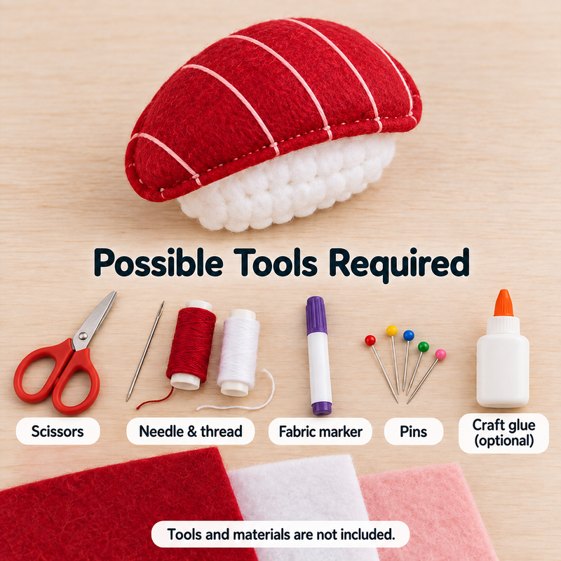 Felt Tuna Nigiri Sewing Pattern PDF recommended felt sewing tools and materials