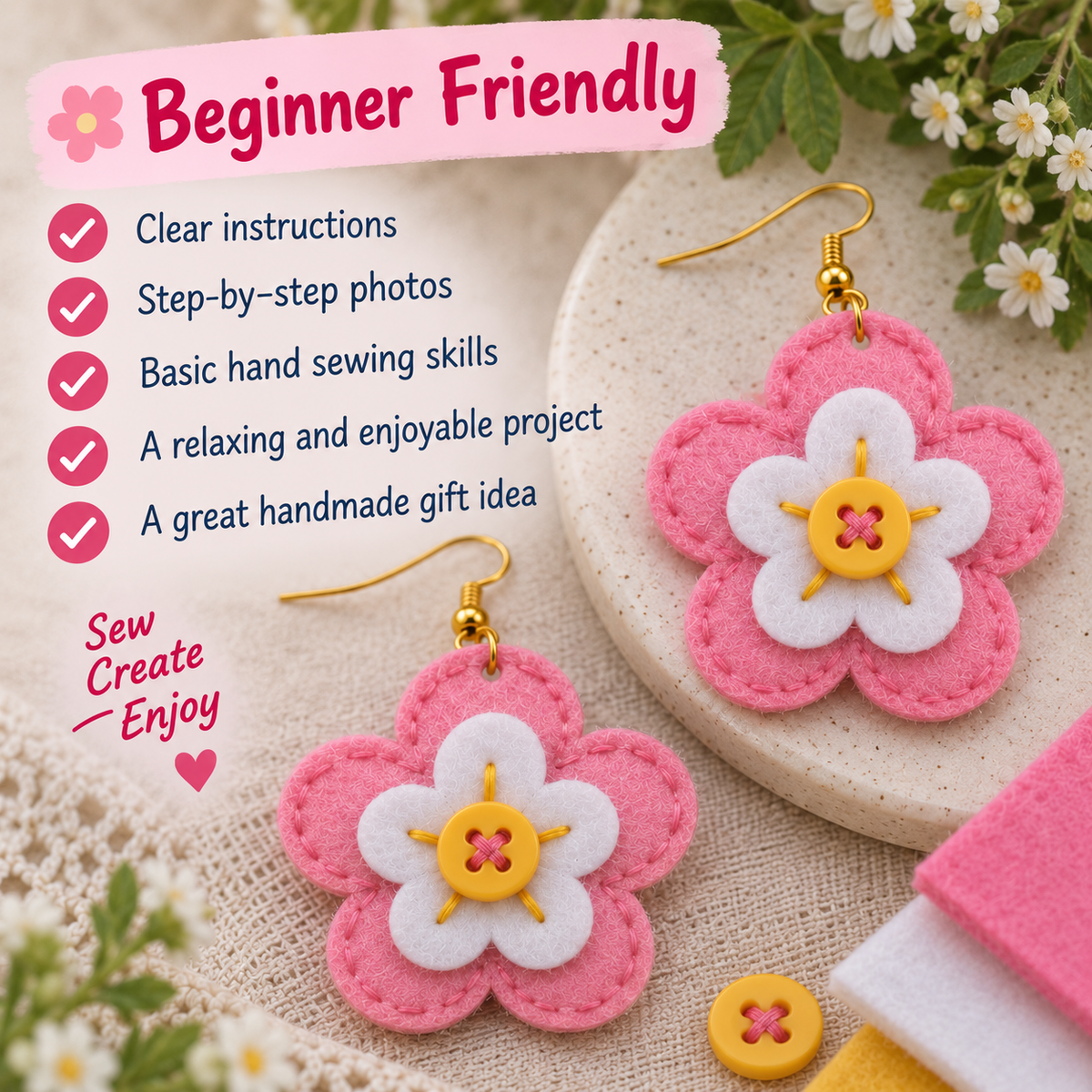 Beginner friendly felt flower earrings project with clear instructions and realistic stitched felt flowers