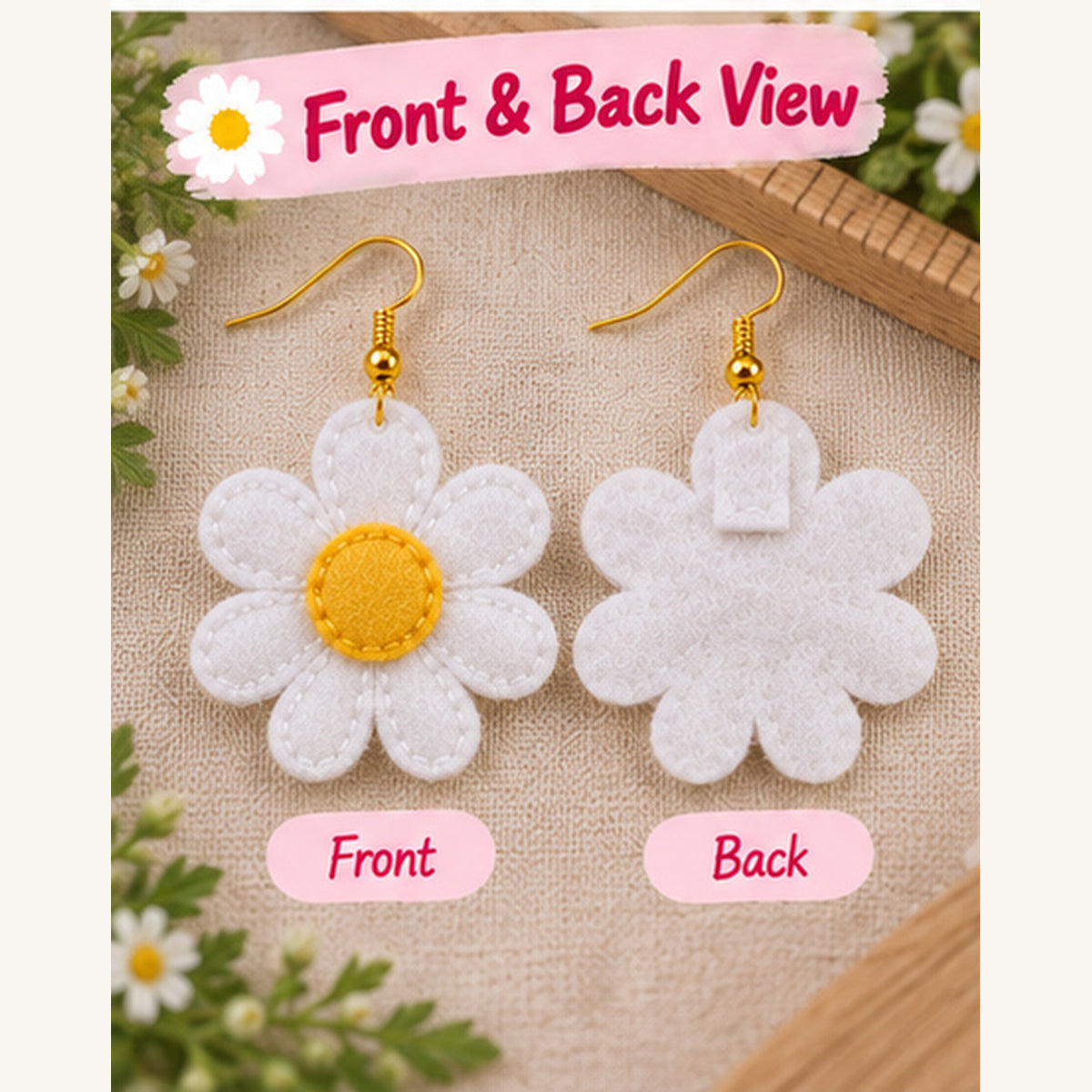Front and back view of handmade felt daisy earrings showing stitched construction