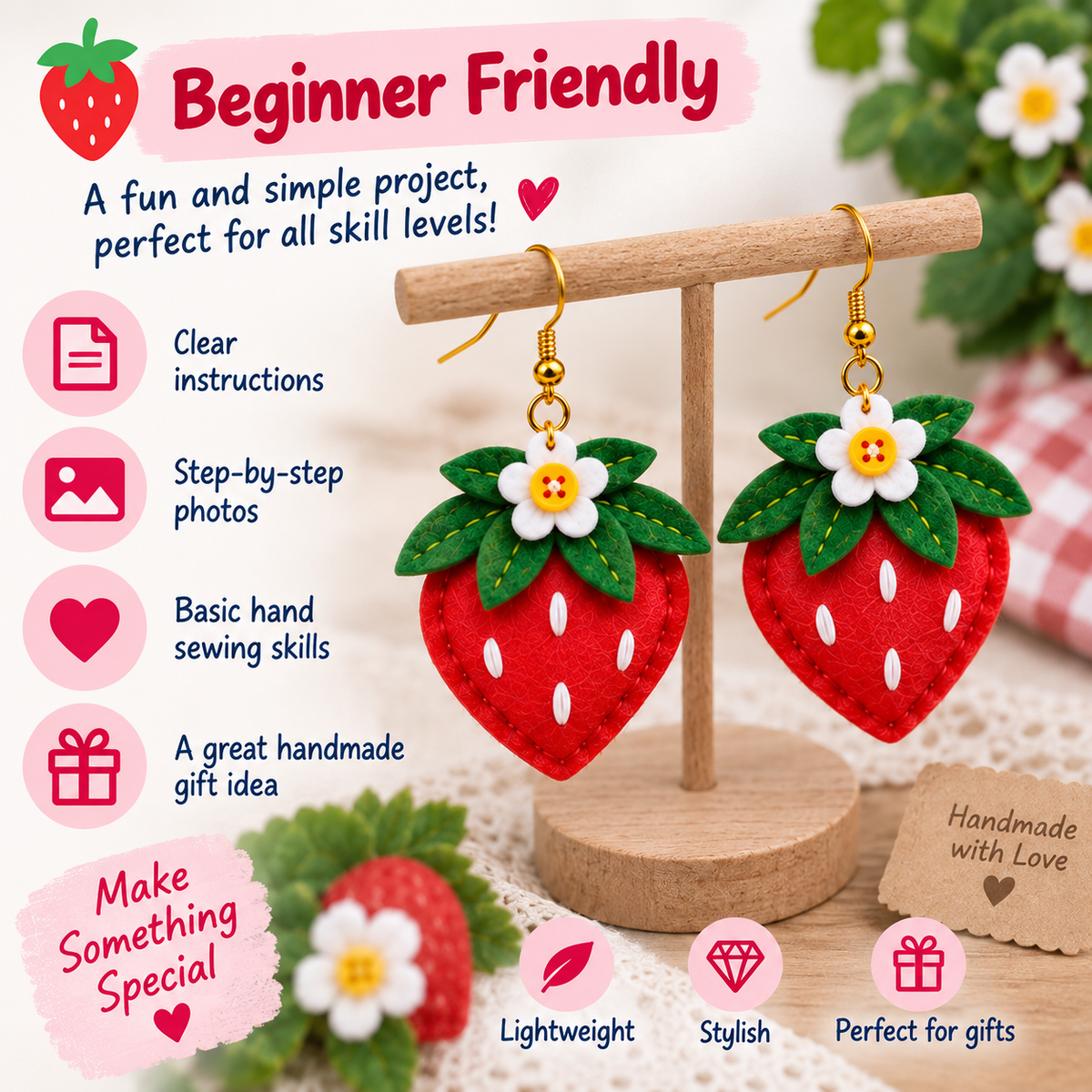 Beginner friendly felt strawberry earrings hand sewing pattern features