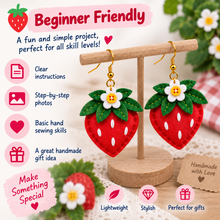 Beginner friendly felt strawberry earrings hand sewing pattern features