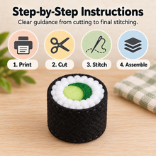 Felt Cucumber Maki Roll Sewing Pattern PDF step-by-step felt sewing pattern instructions