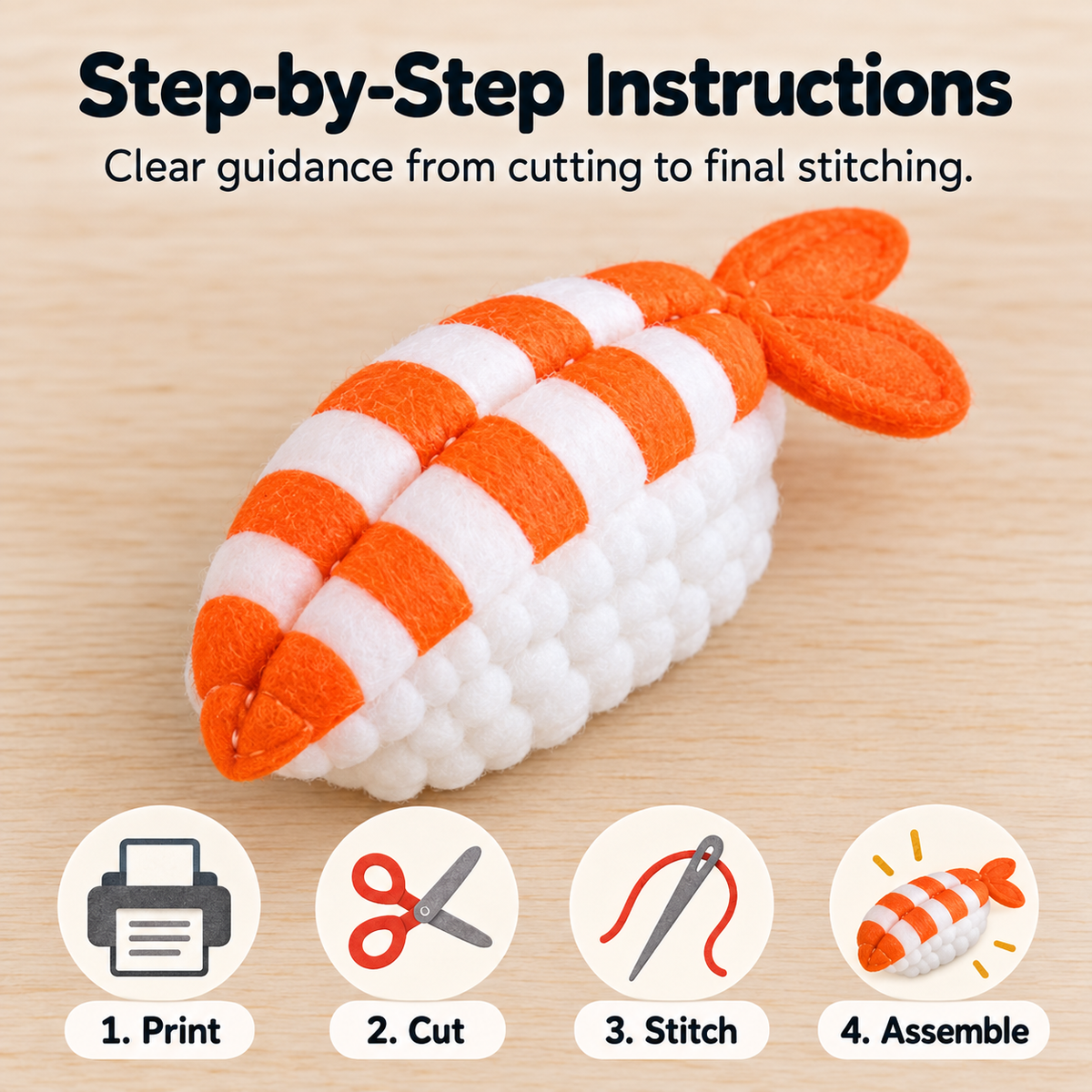 Felt Shrimp Nigiri Sewing Pattern PDF step-by-step felt sewing pattern instructions