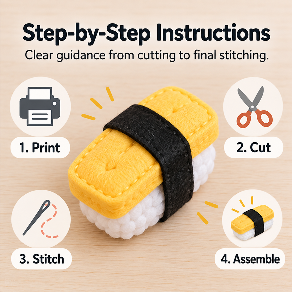 Felt Tamago Nigiri Sewing Pattern PDF step-by-step felt sewing pattern instructions