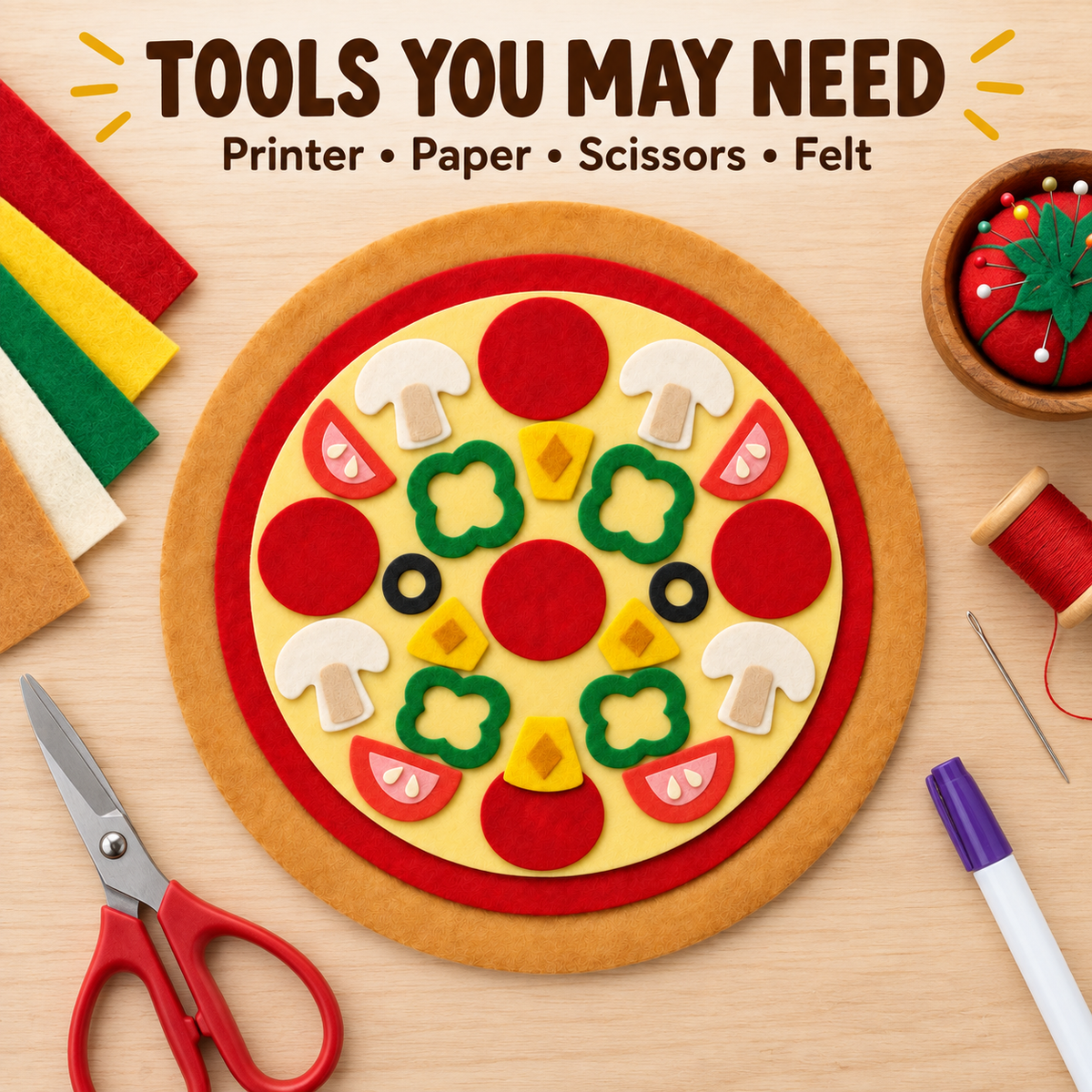 Felt Pizza Template PDF - 24cm Pretend Play Food Pattern - 04 tools you may need