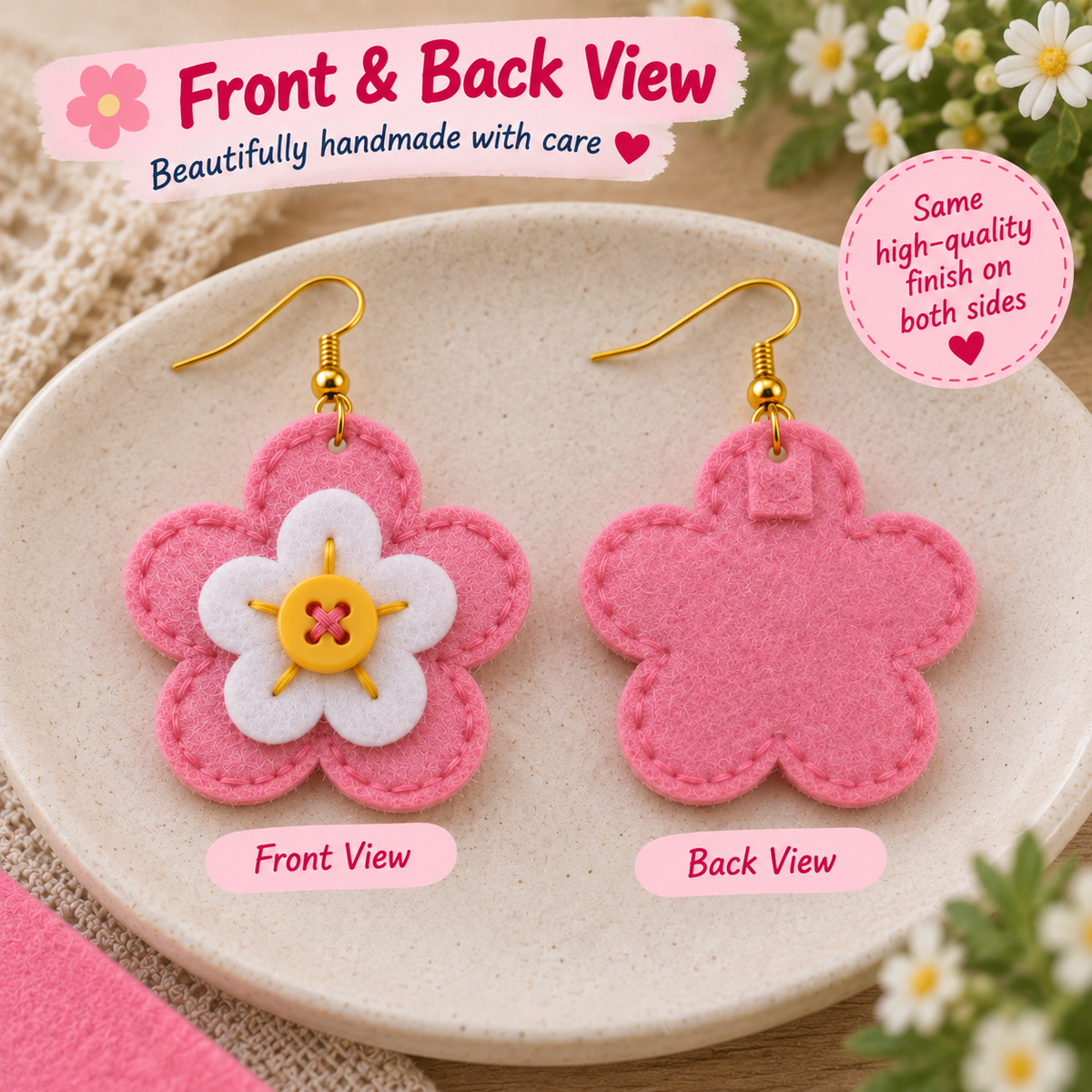 Front and back view of pink felt flower earrings showing white flower button centre and stitched back finish