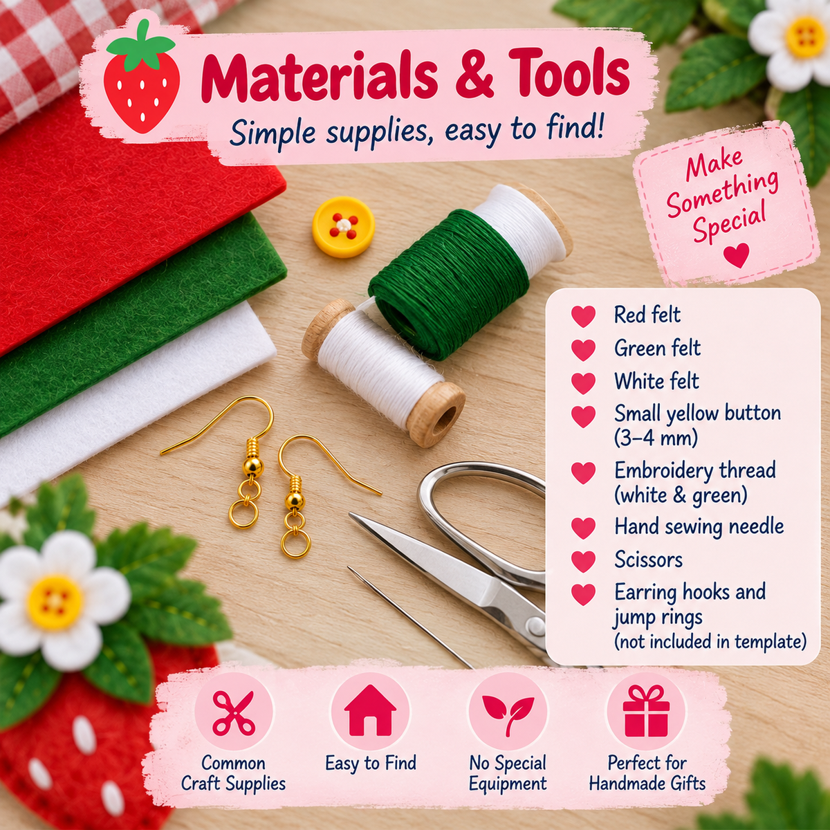 Felt strawberry earrings pattern materials including red green white felt thread button and tools