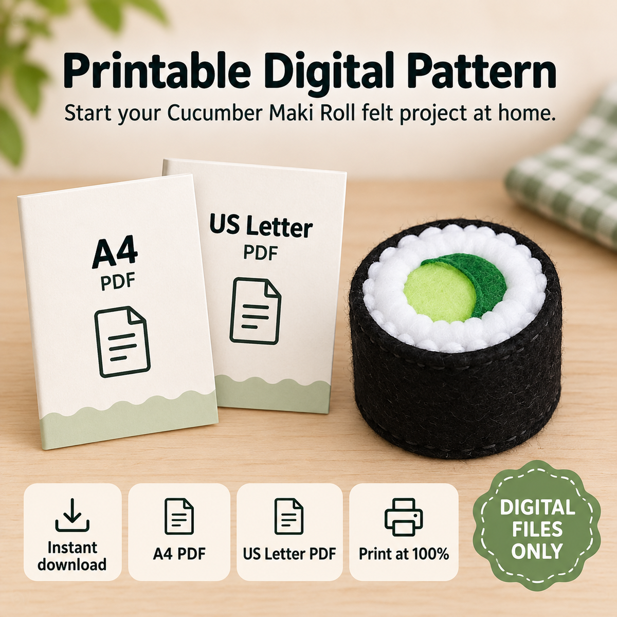 Felt Cucumber Maki Roll Sewing Pattern PDF printable PDF pattern contents and digital download files
