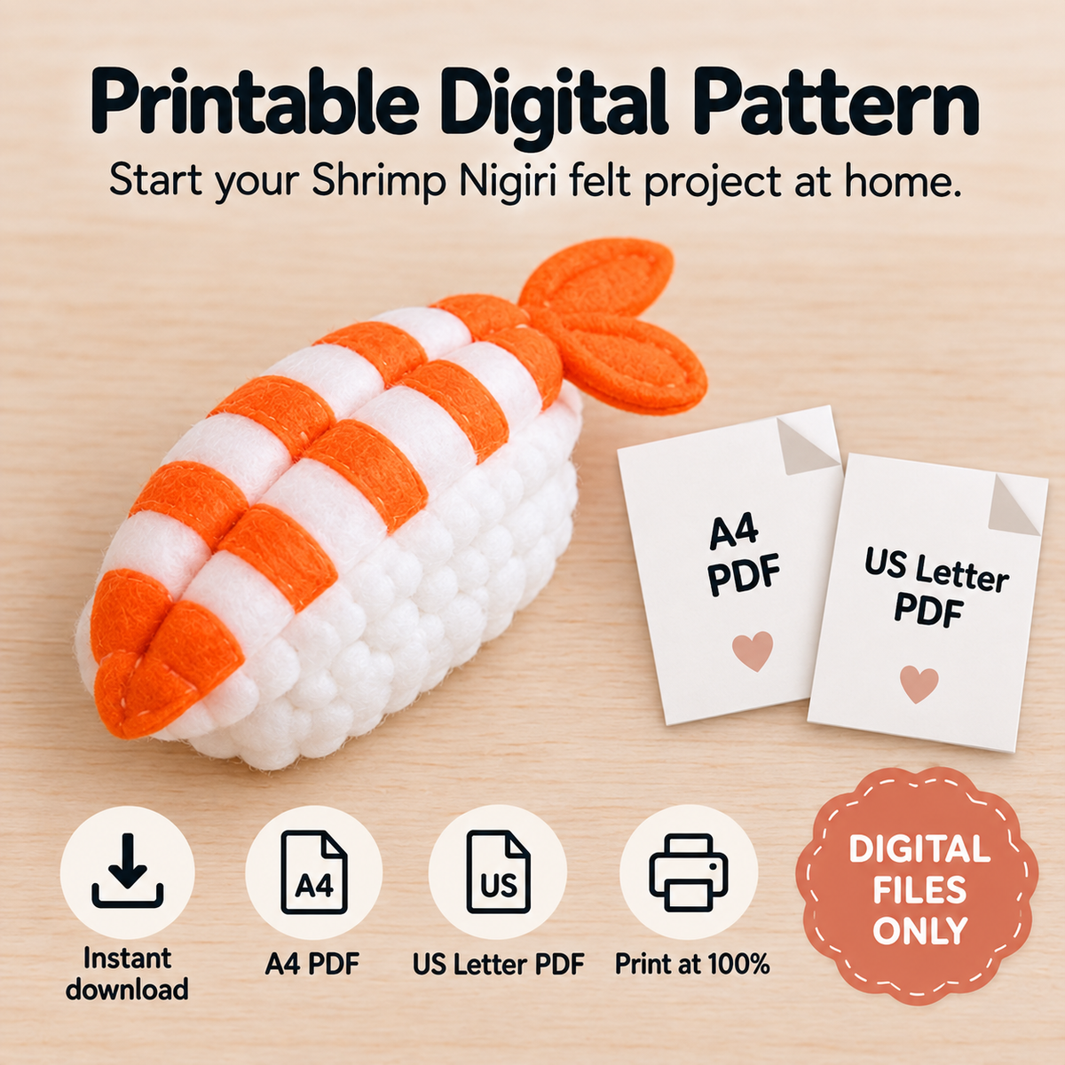 Felt Shrimp Nigiri Sewing Pattern PDF printable PDF pattern contents and digital download files