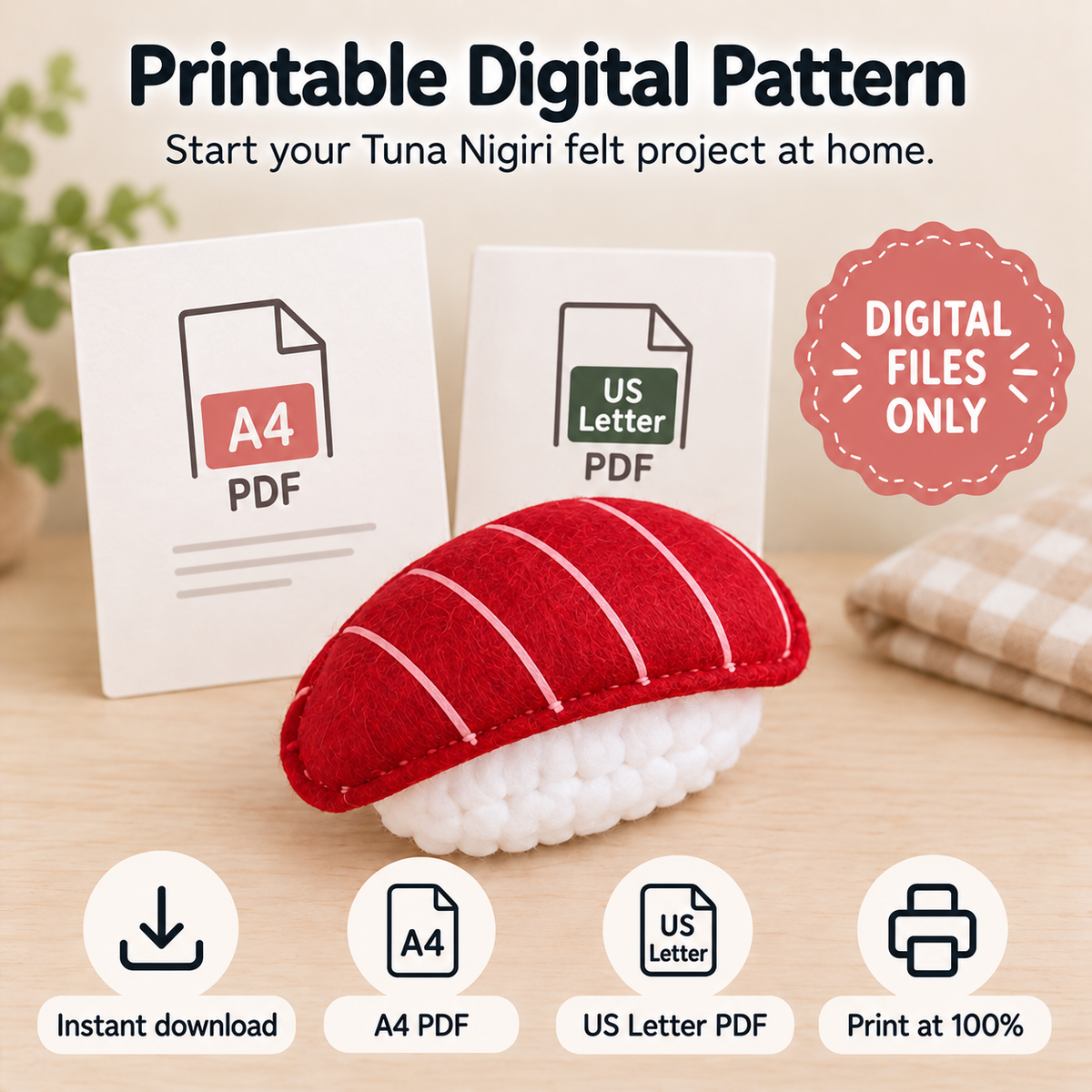 Felt Tuna Nigiri Sewing Pattern PDF printable PDF pattern contents and digital download files
