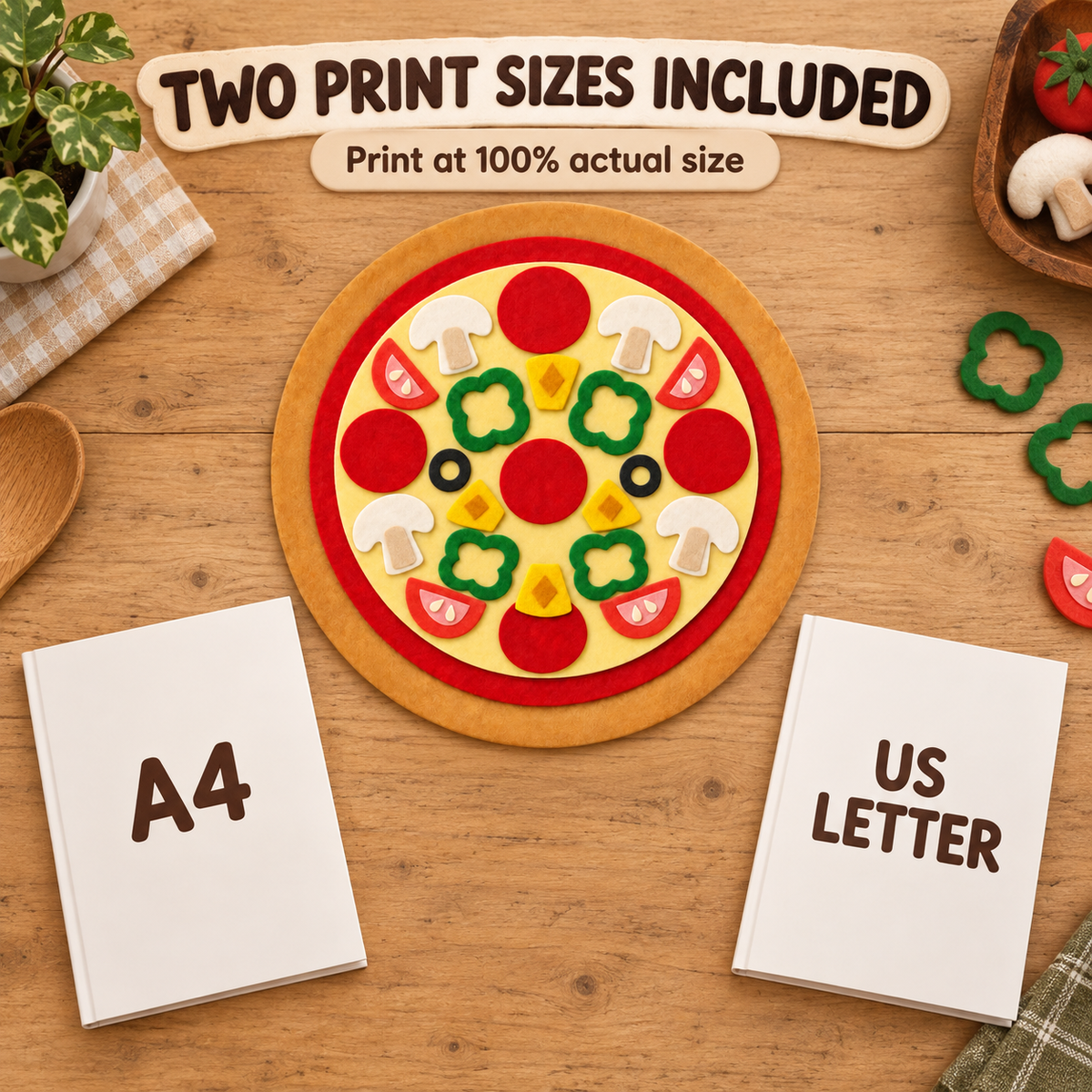 Felt Pizza Template PDF - 24cm Pretend Play Food Pattern - 05 two print sizes