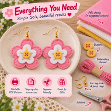 Materials for felt flower earrings including matte felt sheets button embroidery thread scissors hooks and jump rings