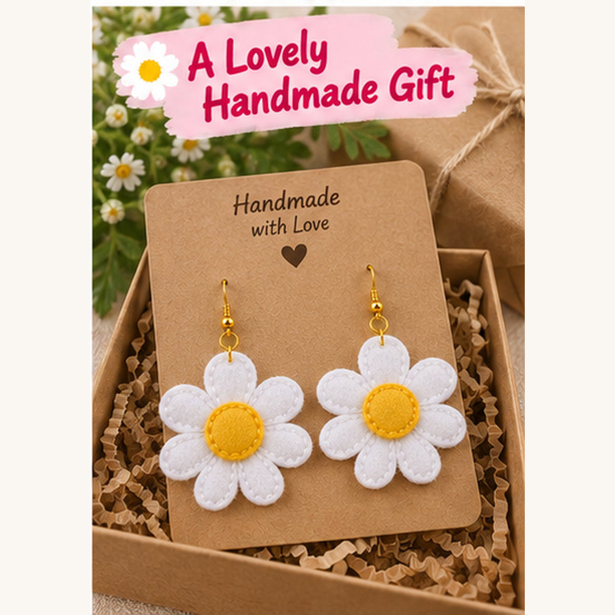 Finished felt daisy earrings presented as a handmade gift