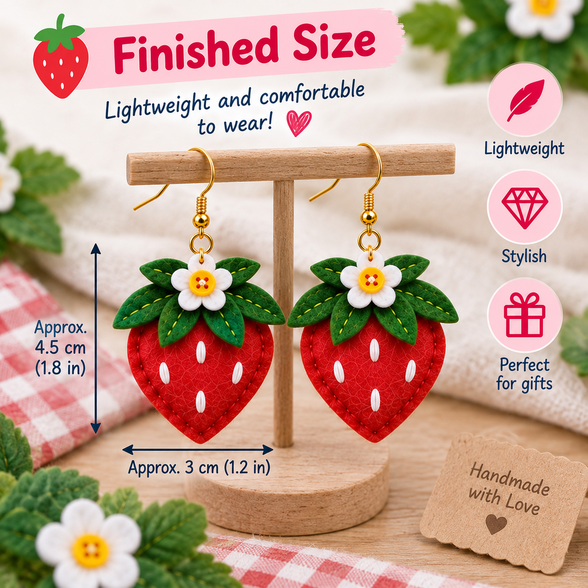 Finished felt strawberry earring size and lightweight jewellery design reference