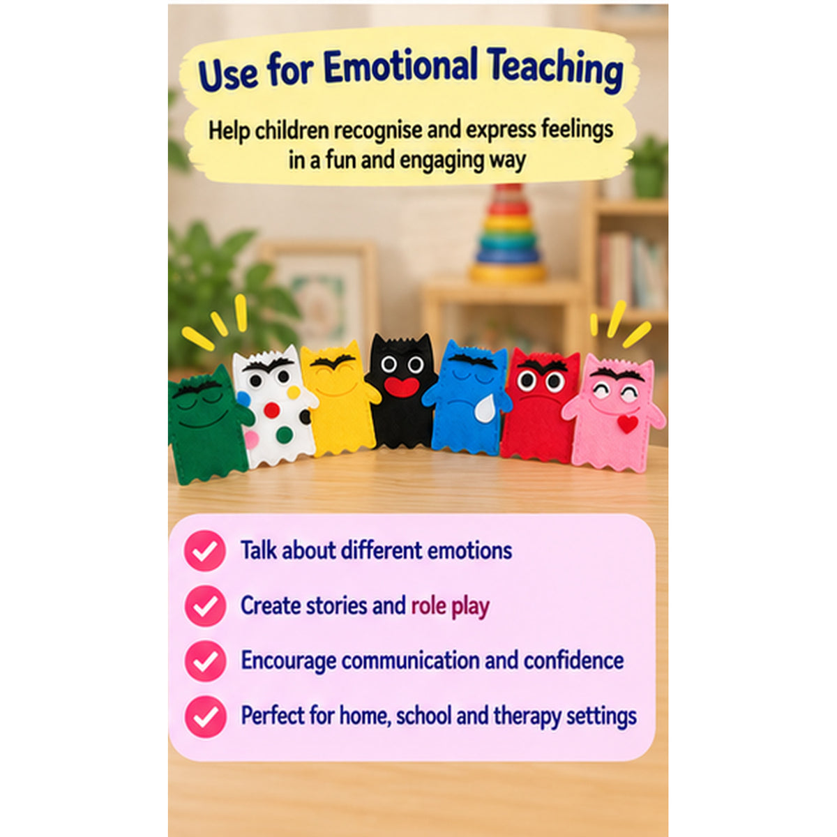 Handmade Felt Emotion Finger Puppets – Set of 7 Feelings Monsters