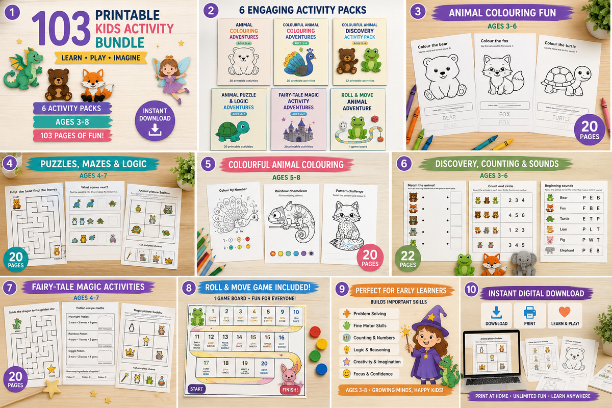 103-page printable kids activity bundle with colouring, puzzles and preschool learning activities