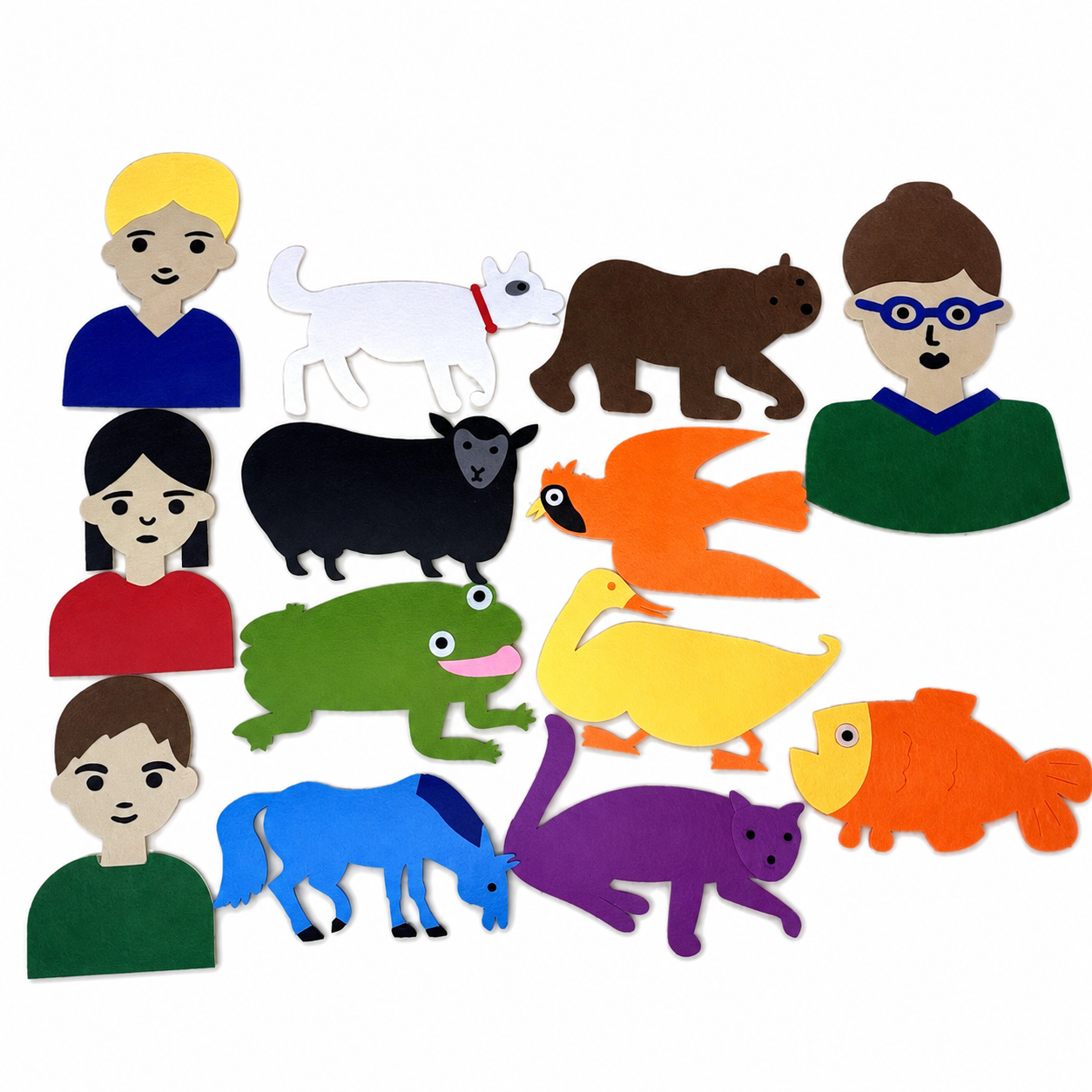 Twelve-piece colour and animal felt storytelling set arranged on a white background