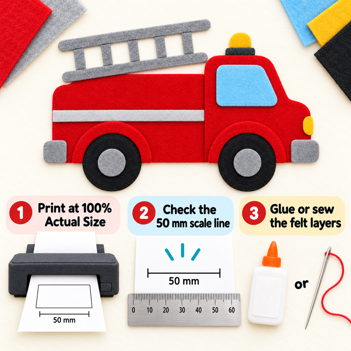 Fire Truck Felt Template PDF | Printable 22-Piece Craft Pattern | A4 & US Letter