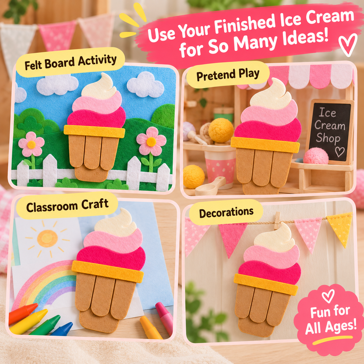 No Sew Felt Ice Cream Template PDF | Printable Felt Craft Pattern