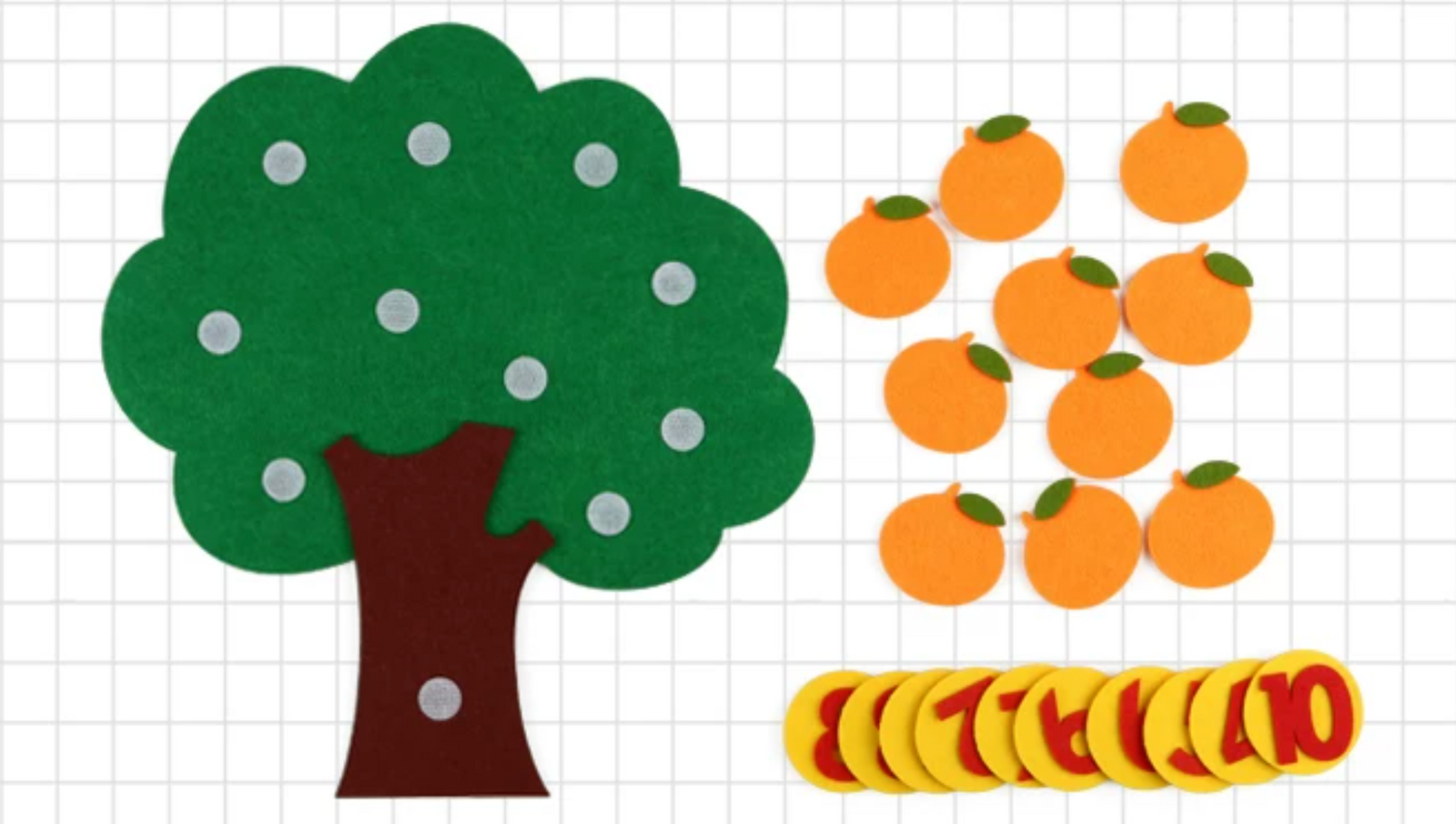 Felt orange tree math activity set laid out flat featuring 10 orange felt cutouts, a green tree base, and yellow felt numbers 1 through 10.
